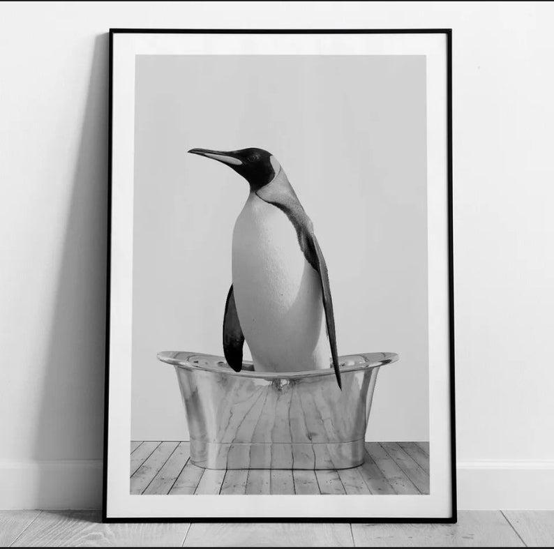 Penguin In A Bath Art Print, B/W Penguin Poster, Home Decor Wall Art