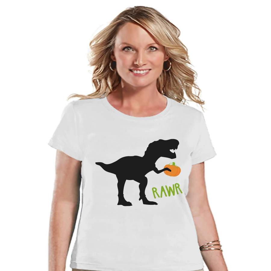 Women's Halloween Shirt - Funny Halloween Dinosaur Shirt - Pumpkin Dino - Halloween Party - Adult Halloween Costumes - White Halloween Shirt x Halloween costumes 2024