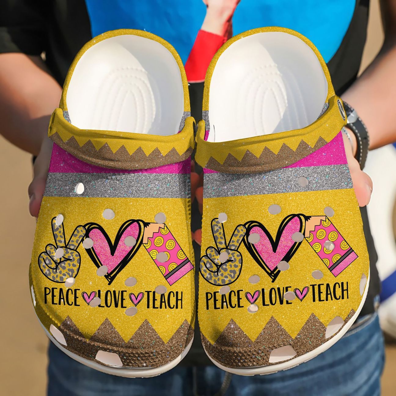 Teacher Personalized Clog, Custom Name, Text, Color, Number Fashion Style For Women, Men, Kid, Print 3D Peace Love Teach