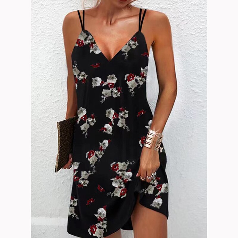 2022 Summer Sexy V Neck Printed Sleeveless Dress Women’s Clothing Fashion Casual Party Elegant Beach Plus Size Loose Sling Dress alx