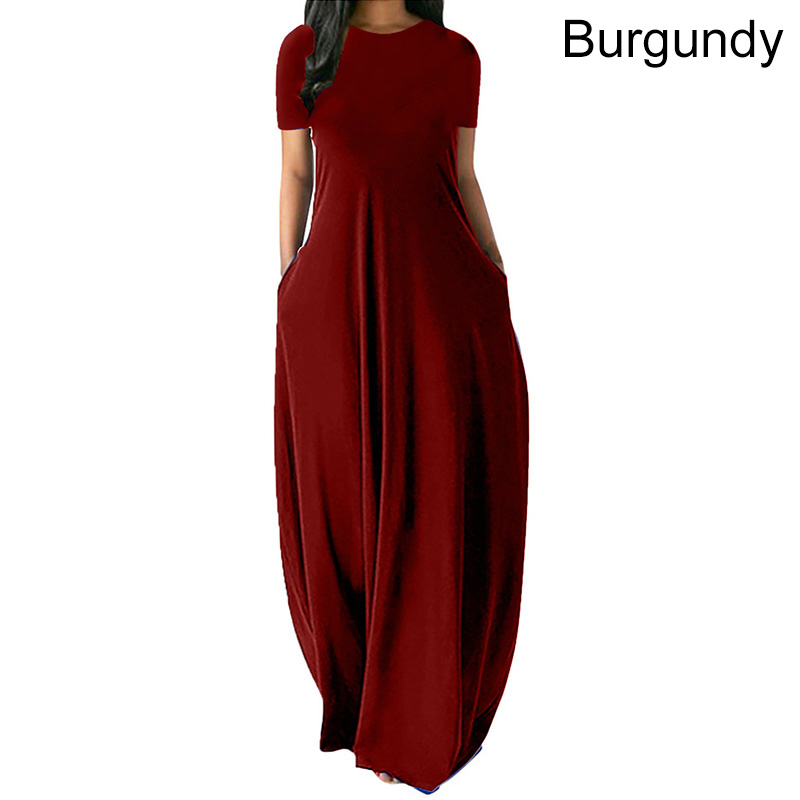 Women Summer Dress Oversize Casual Solid O-Neck Pockets Long Dress Female Plus Size Short Sleeve High Waist Maxi Dresses alx