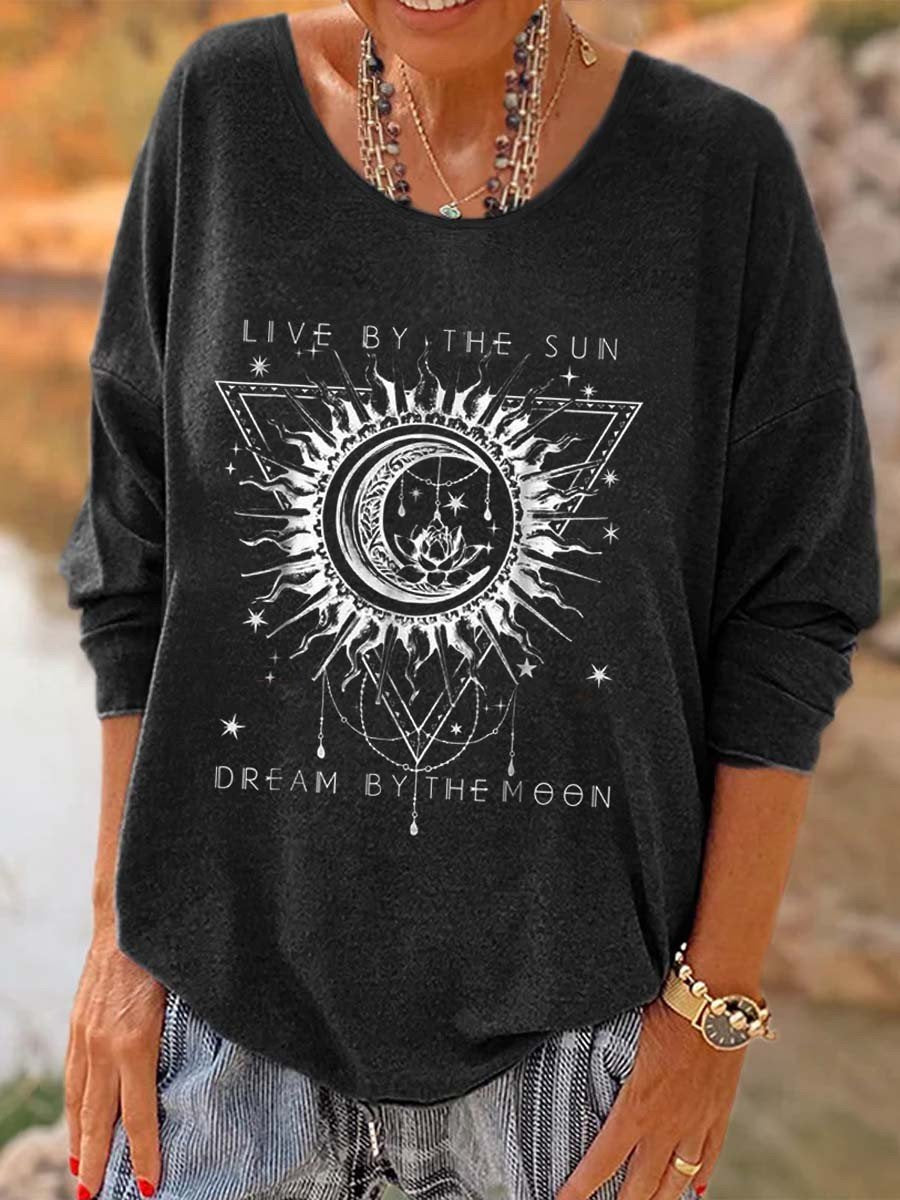 Women Hippie Live By The Sun Dream By The Moon Printed Long Sleeve T-Shirt