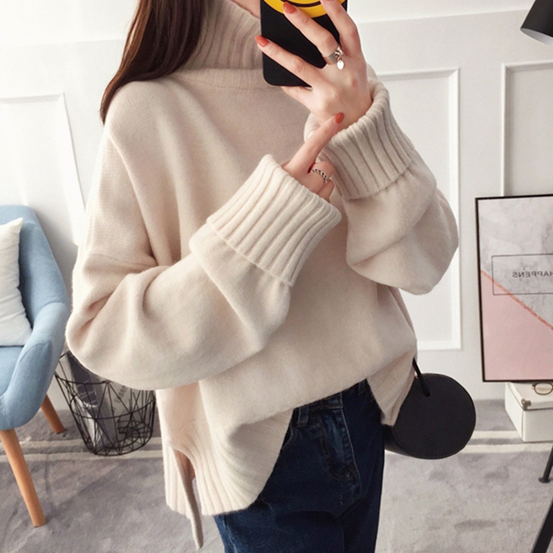 Autumn Winter Women’s High-Neck knitting Sweater Pullover Female Loose Version Set Thick Warm Shirt Long Sleeves Top Red Clothes alx