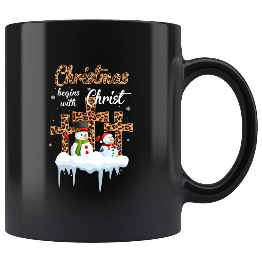 Christmas Begins With Christ Leopard Cross Snowman Black Coffee Mug