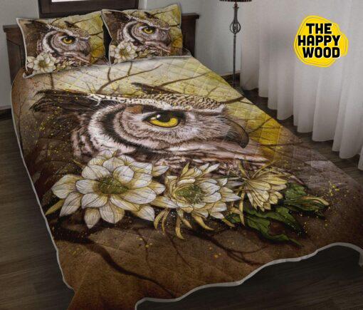 Owl Art White Flower Beauty Style Quilt Bed Set And Pillow Covers