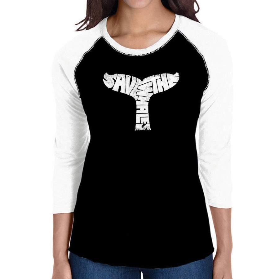 LA Pop Art Women’s Raglan Baseball Word Art T-shirt – SAVE THE WHALES