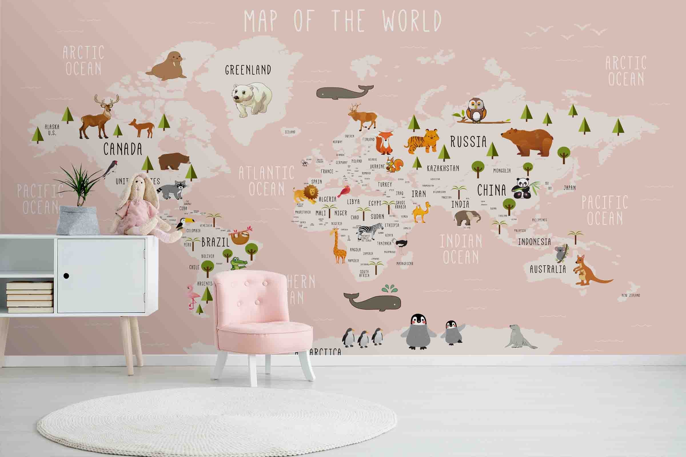 3D Pink Cartoon Animals World Map Wall Mural Wallpaper Jn 1496