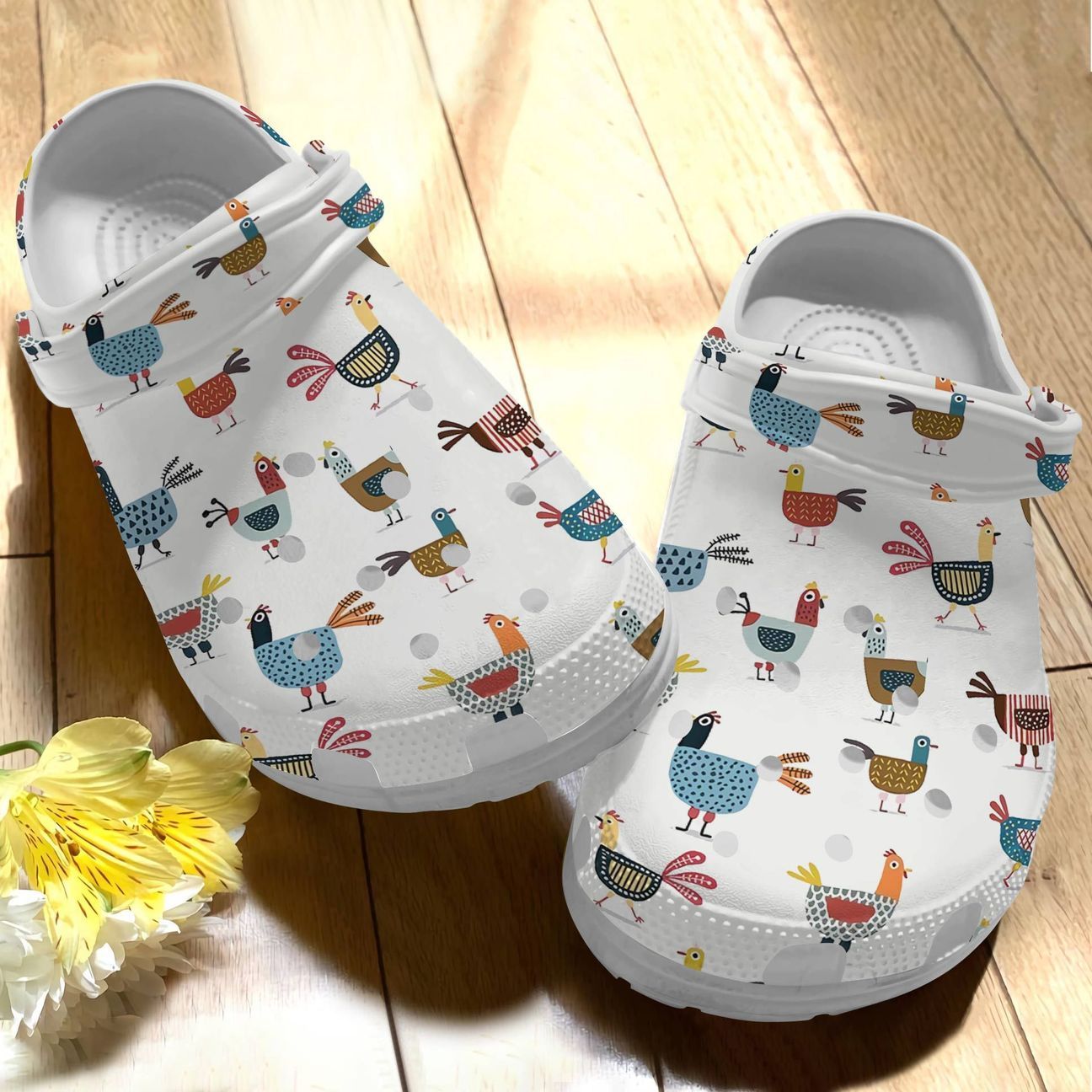 Chicken Personalize Clog, Custom Name, Text, Fashion Style For Women, Men, Kid, Print 3D Whitesole Chicken Pattern Color Collection