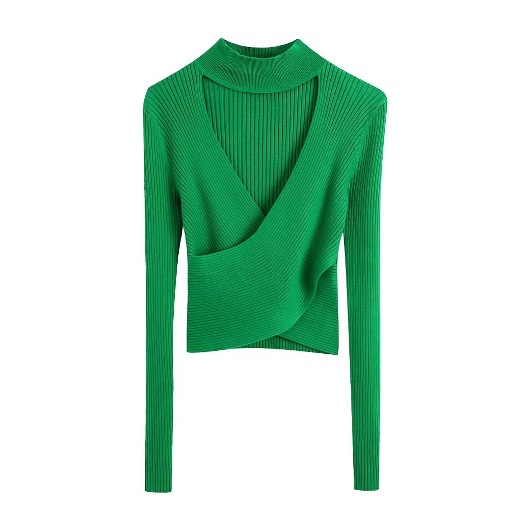 Zevity Women Sexy Hollow Out Cross Design Green Short Knitting Sweater Female Chic Long Sleeve Thin Pullovers Crop Tops SW1050 alx