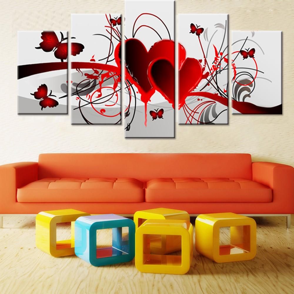 Lovely Hearts And Butterflies Abstract 5 Panel Canvas Art Wall Decor
