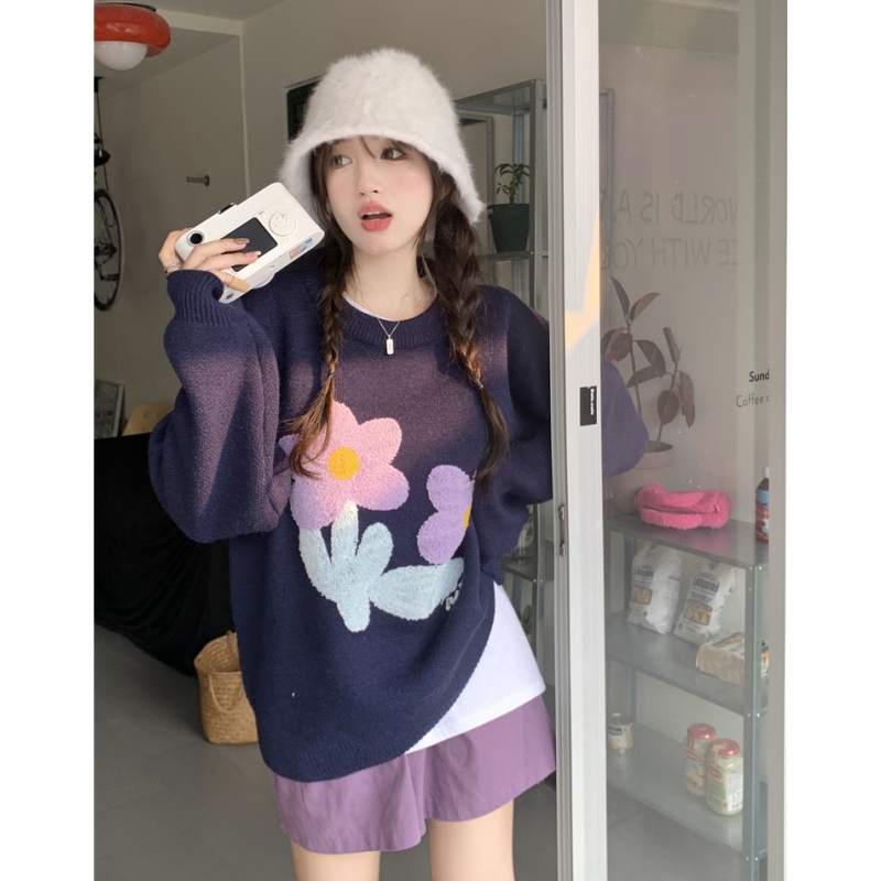 Women Navy Blue Sweater Flower Embroidery Fashion Vintage Leisure Lazy Wind Winter Thicken Warm Long Sleeve Knitting Pullover alx