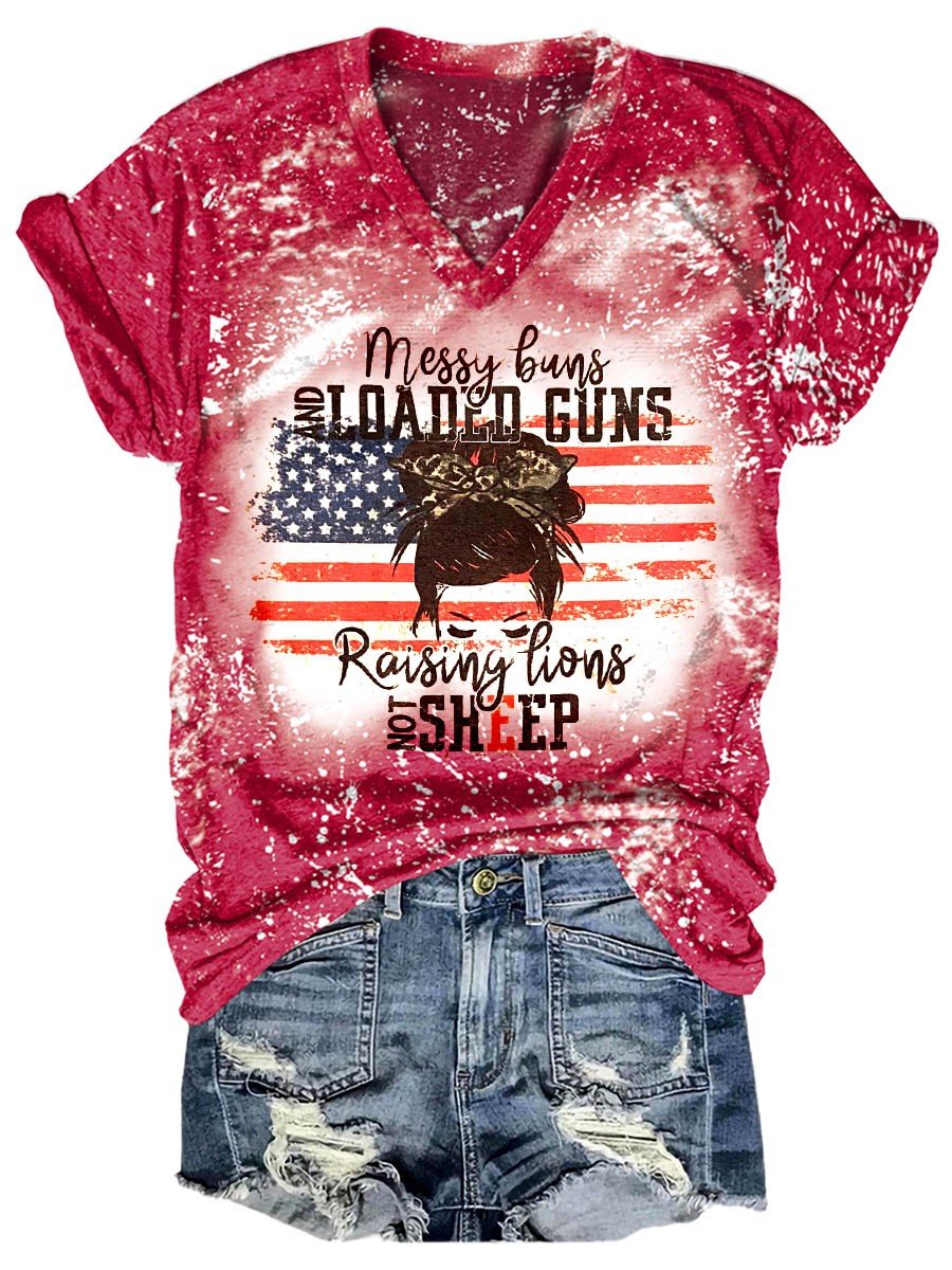 Women’S Messy Buns And Loaded  Raising Lions Not Sheep Bleached V-Neck T-Shirt