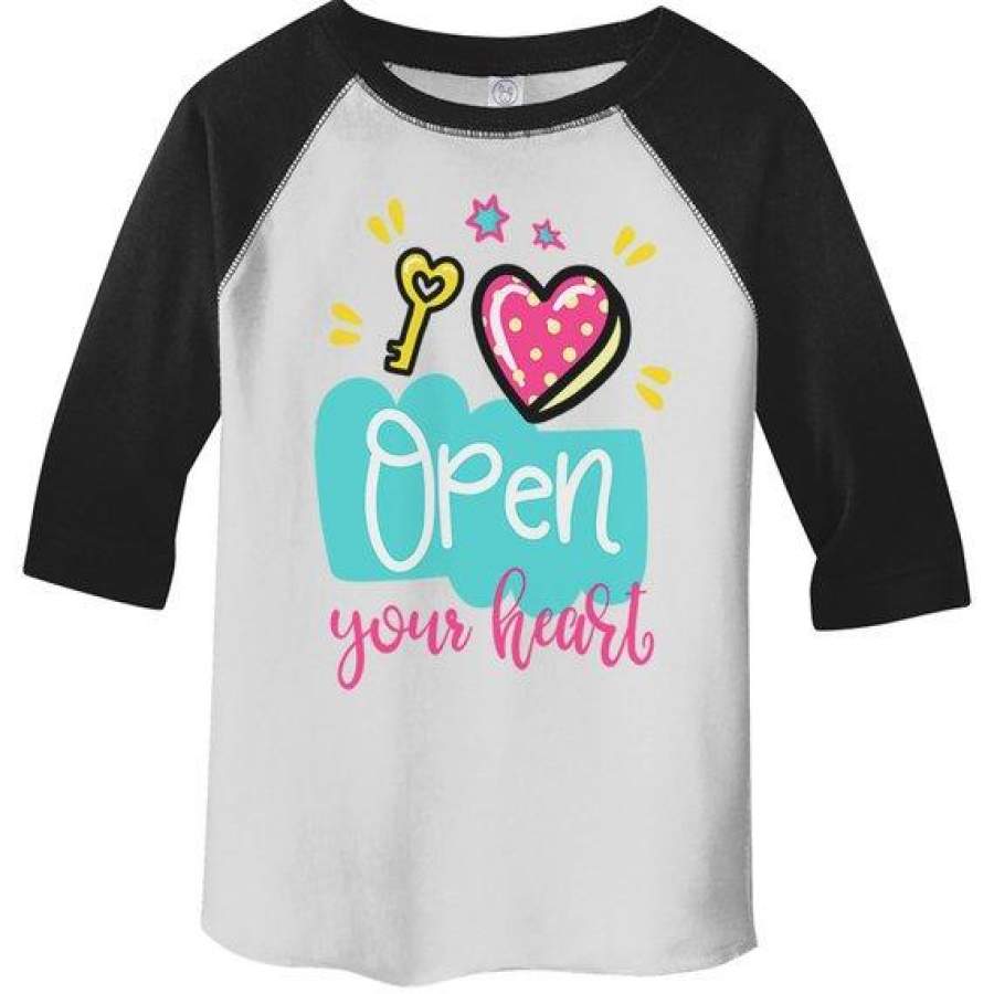 Kids Valentine’s Day T Shirt Open Your Heart Valentine Shirt Graphic Tee Valentines Shirts Toddler Boy’s Girl’s 3/4 Sleeve Raglan