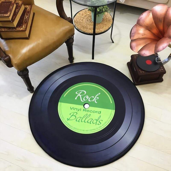 Rock Record Ballad Green Black Music Round Rug