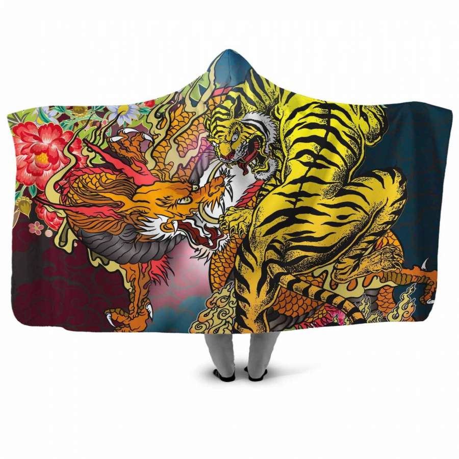 Dragon Tiger Flowers Hooded Blanket