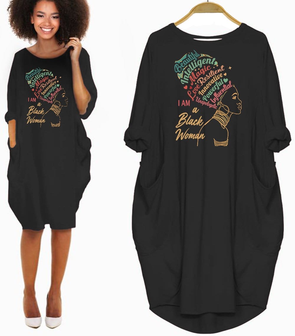 African American Women Dresses I Am A Black Woman Beautiful Magic Afro Girl Rock Long Sleeve Pocket Dress Afrocentric Apparel Black History Gift Ideas