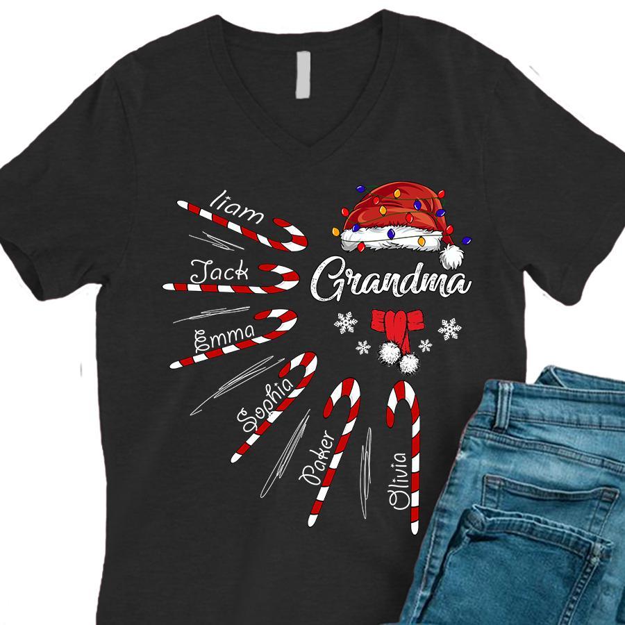 Personalized V-neck T-shirt Grandma – Candy Christmas Gift Unisex T-shirt Hoodie Plus Size S-5xl