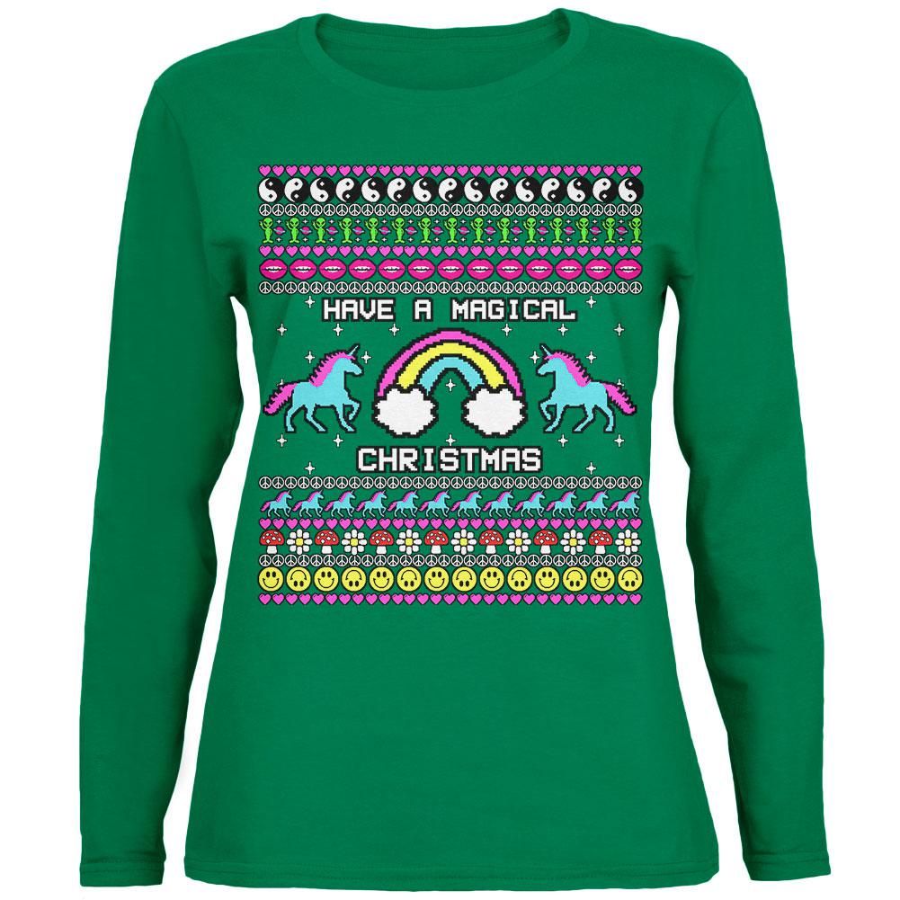 Retro 90S Rainbow Unicorn Magical Ugly Christmas Sweater Womens Long Sleeve T Shirt Green 2Xl