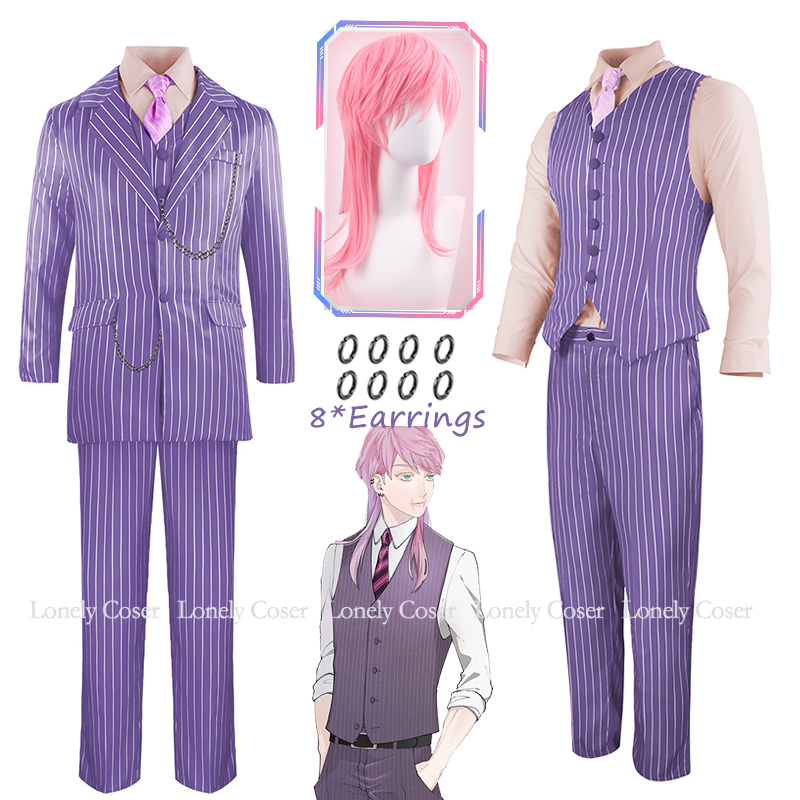 Anime Tokyo Revengers Haruchiyo Sanzu Akashi Cosplay Costume Purple Suit Pink Wig Bonten Uniform Shirt Tie Coat Pants Party alx