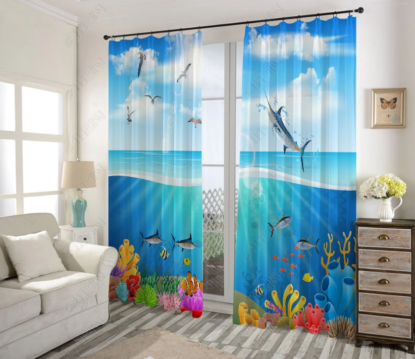 3D Cartoon Blue Ocean Sky Animal Curtains And Drapes Lqh 155