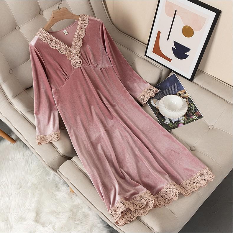 Velvet Sleepwear Women Sleep Dress V-neck Nightdress Velour Nightgown Nightwear 2021 New Intimate Lingerie Homewear alx