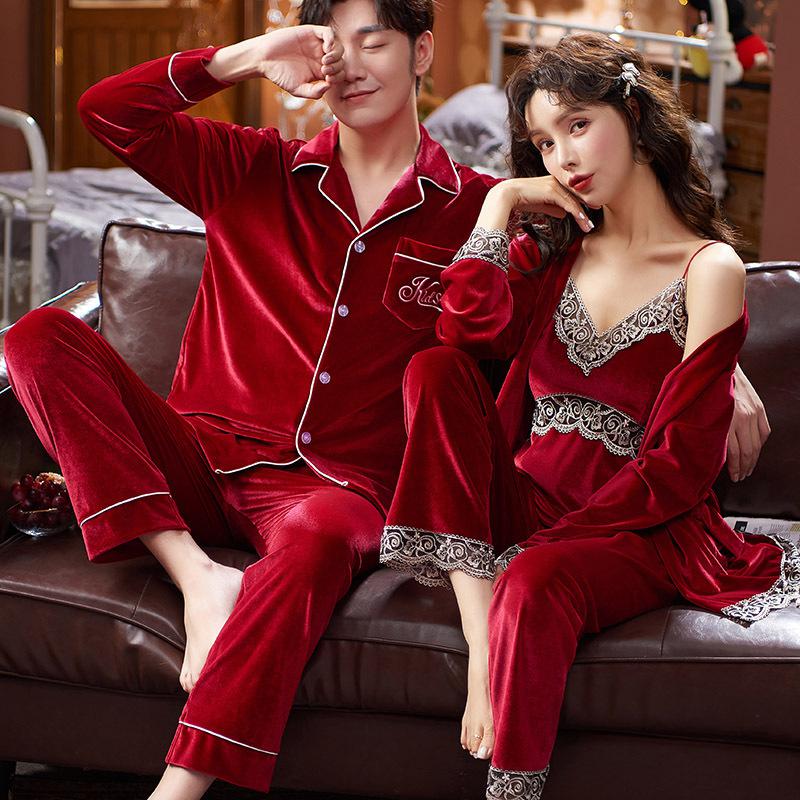 Velour Couple Pajamas Set Autumn Winter Women Sleepwear Pijamas Suit Sexy Patchwork Lace Bathrobe Lingerie Casual Home Clothes alx