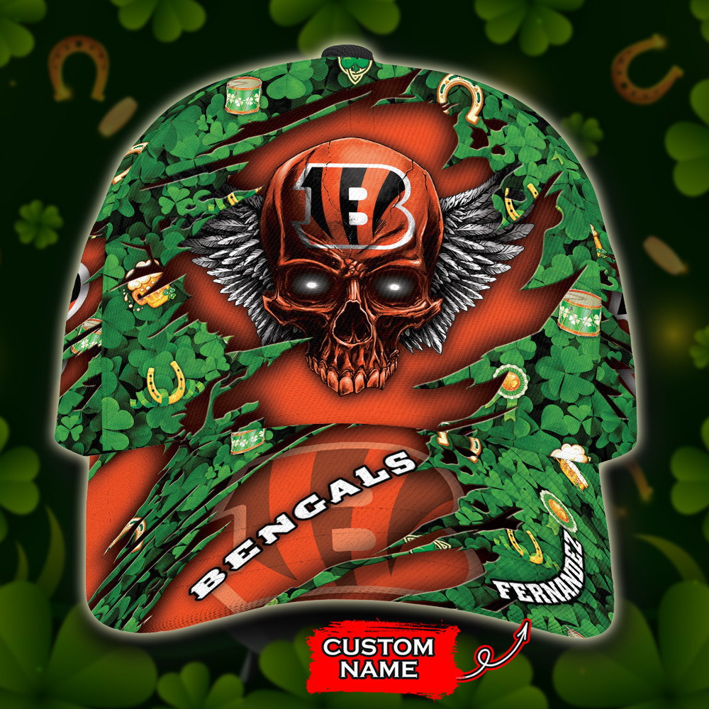 Personalized Cincinnati Bengals St Patrick Day Skull All Over Print 3D Baseball Cap – Orange Green