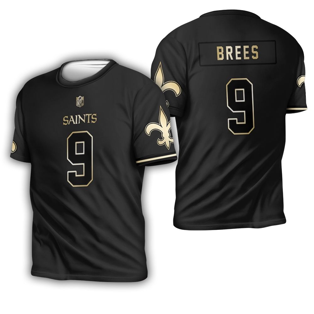 New Orleans Saints 9 Drew Brees Black Golden Edition Mens Jersey Inspired 3D T-Shirt