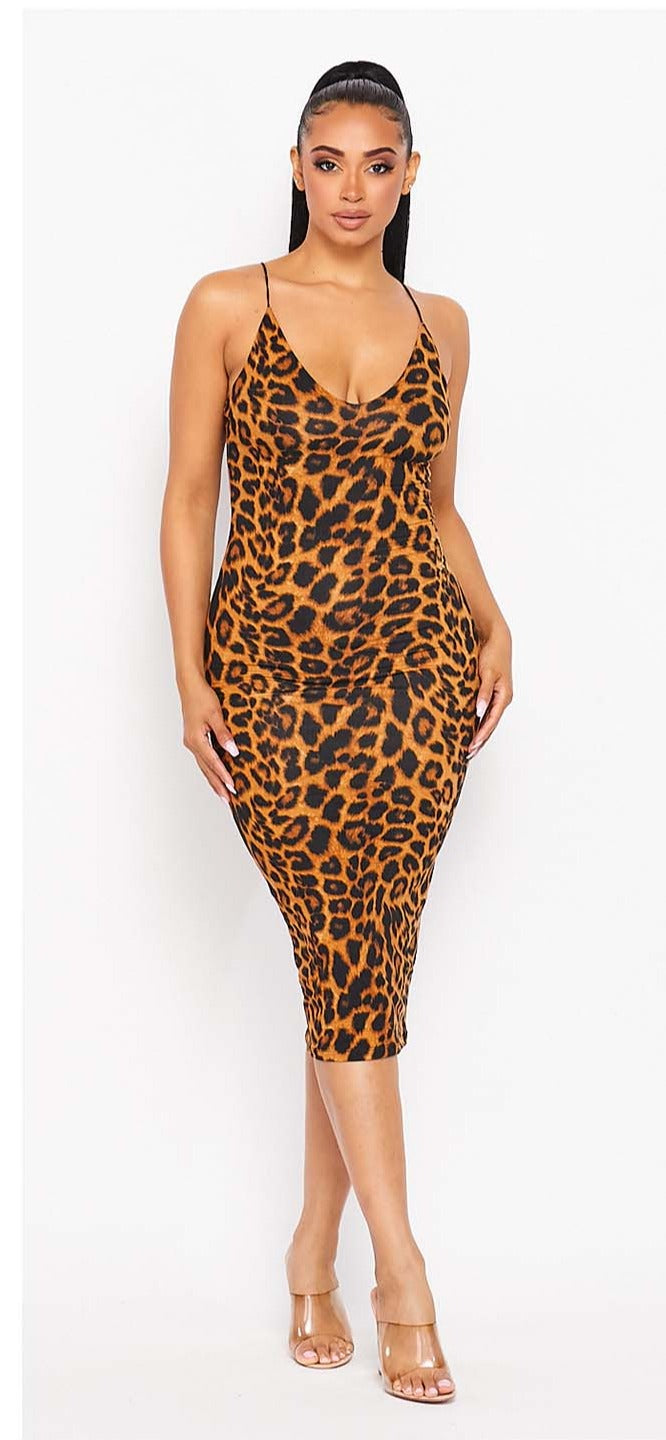 V-Neck Leopard Midi Dress