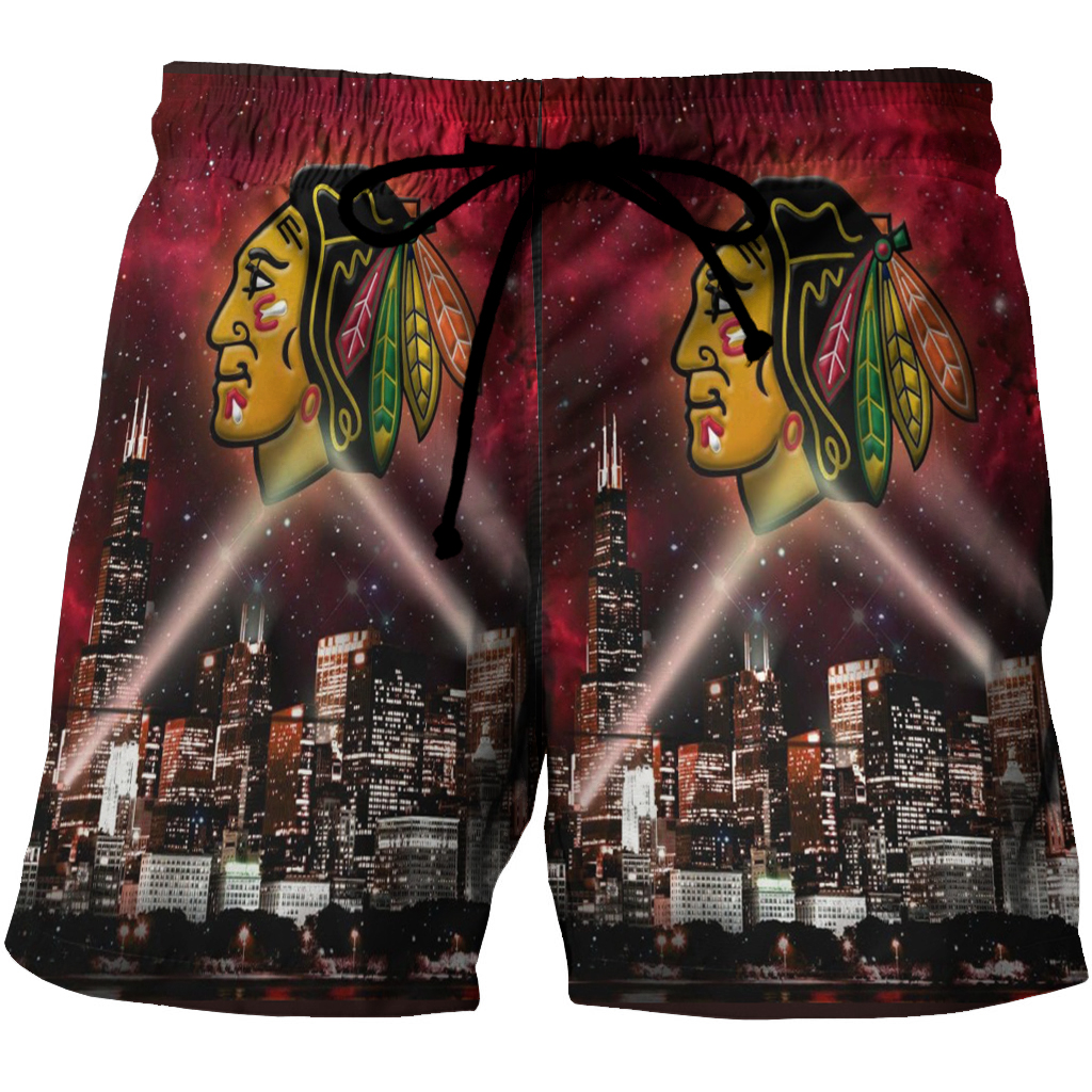 Chicago Blackhawks Emblem City Night 3D All Over Print Summer Beach Hawaiian Short