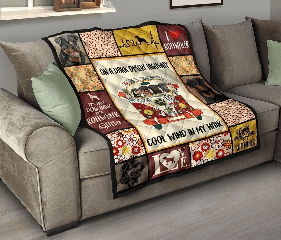 For Dog Lover Gift On Dark Desert Highway Cool Wind In My Hair Rottweiler Dog Hippie Van Quilt Blanket