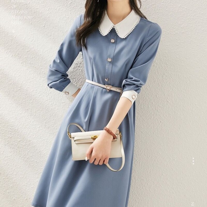 Women’s New Contrast Color Doll Collar French Midi Dress 2021 Spring and Autumn New Elegant Waist Slim Dress Women KI1965 alx