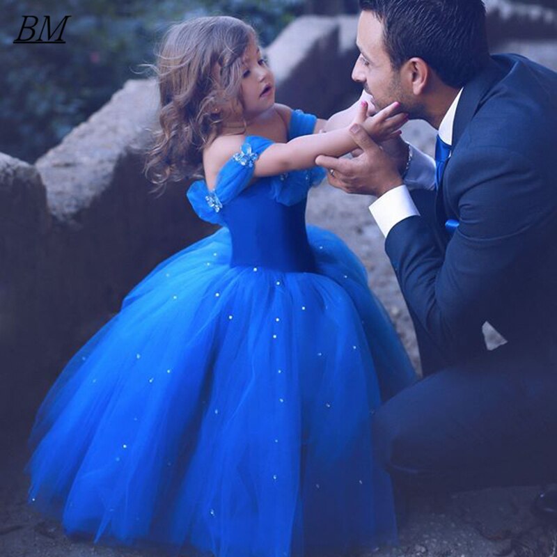 BM Stock Flower Girl Dresses Princess Cinderella Off the Shoulder Floor Length Ball Gown Royal Blue Kid Pageant Mother Daughter alx