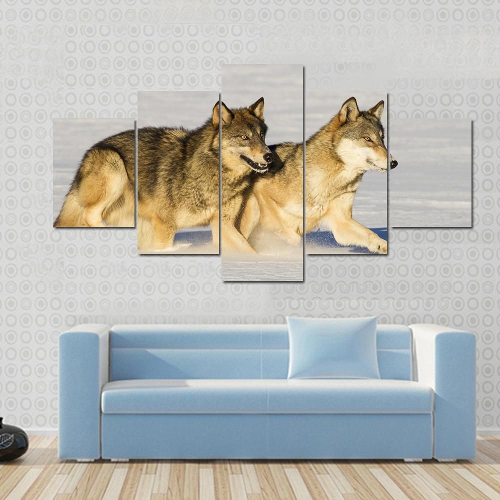 Running In Snow Gray Wolves Animal 5 Panel Canvas Art Wall Decor