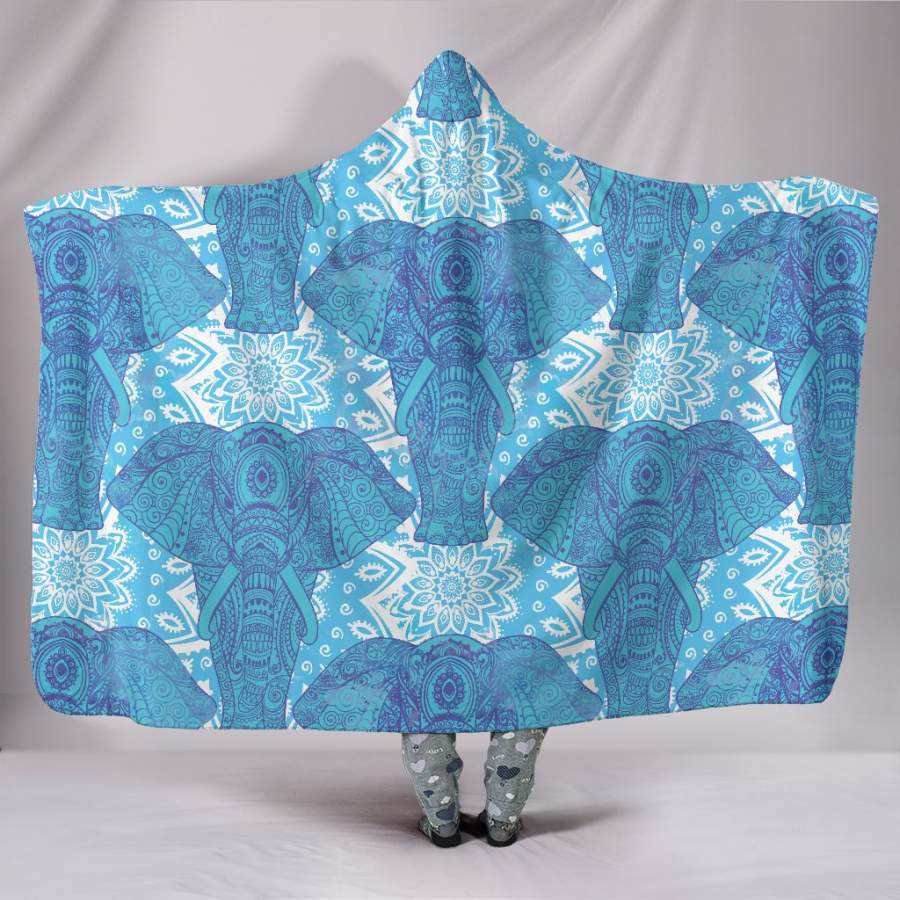 Blue Mandala Elephant Hooded Blanket