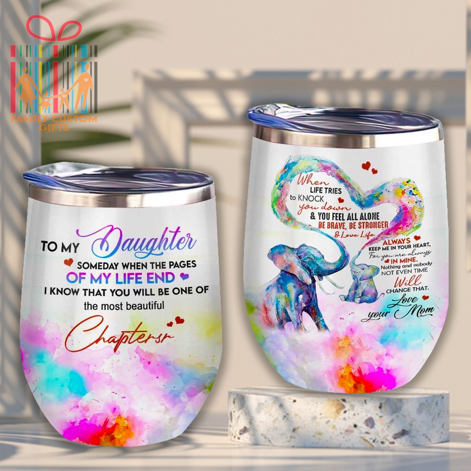 To My Daughter Elephant Love Letter Custom Tumbler Cups For Daughter Personalized Stainless Steel Wine Glasses