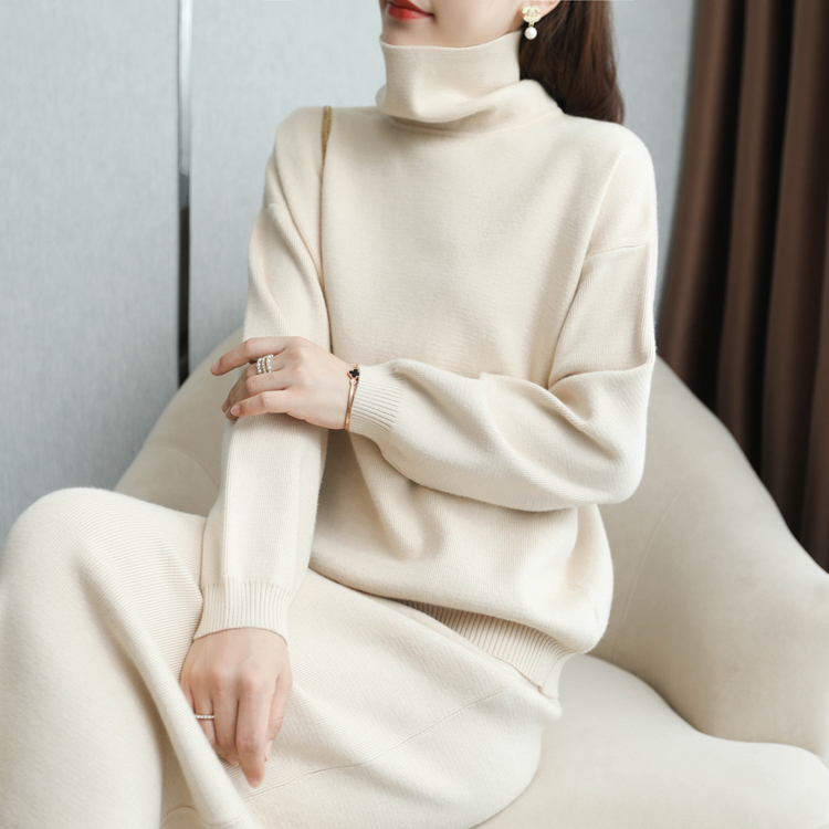 Autumn Winter Women’s Knitting Costume Turtleneck Solid Color Pullover Sweater + Slim Skirt 2 Piece High-neck Set Cashmere Suit alx