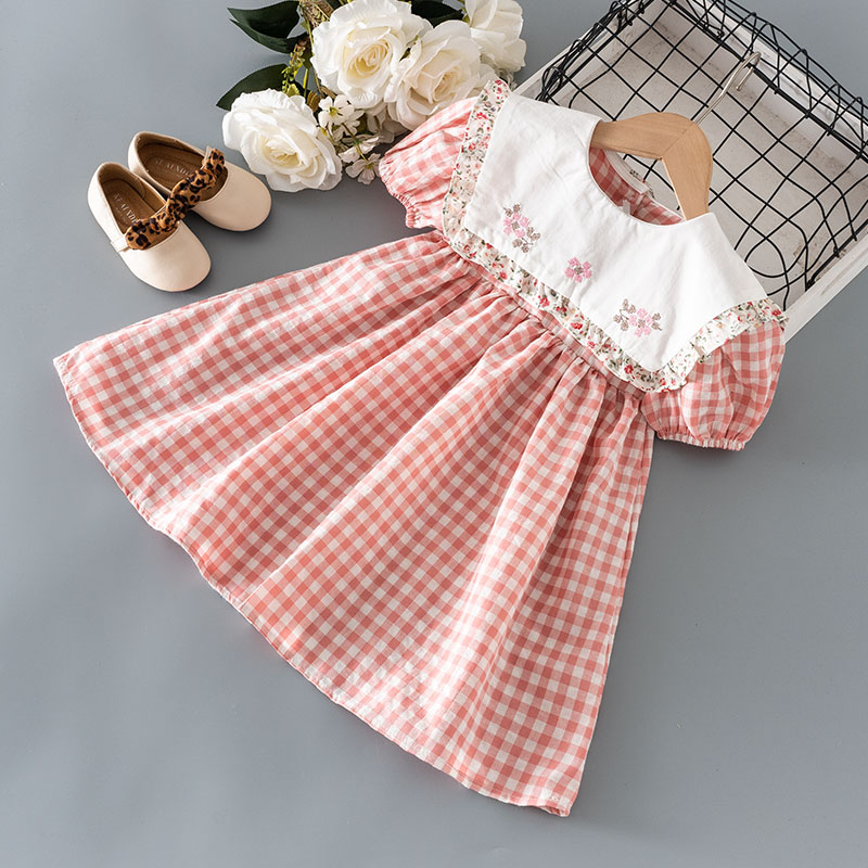 Summer baby girls clothes kids embroidery fungus edge plaid dress for children girl clothing 1st birthday princess dresses dress alx