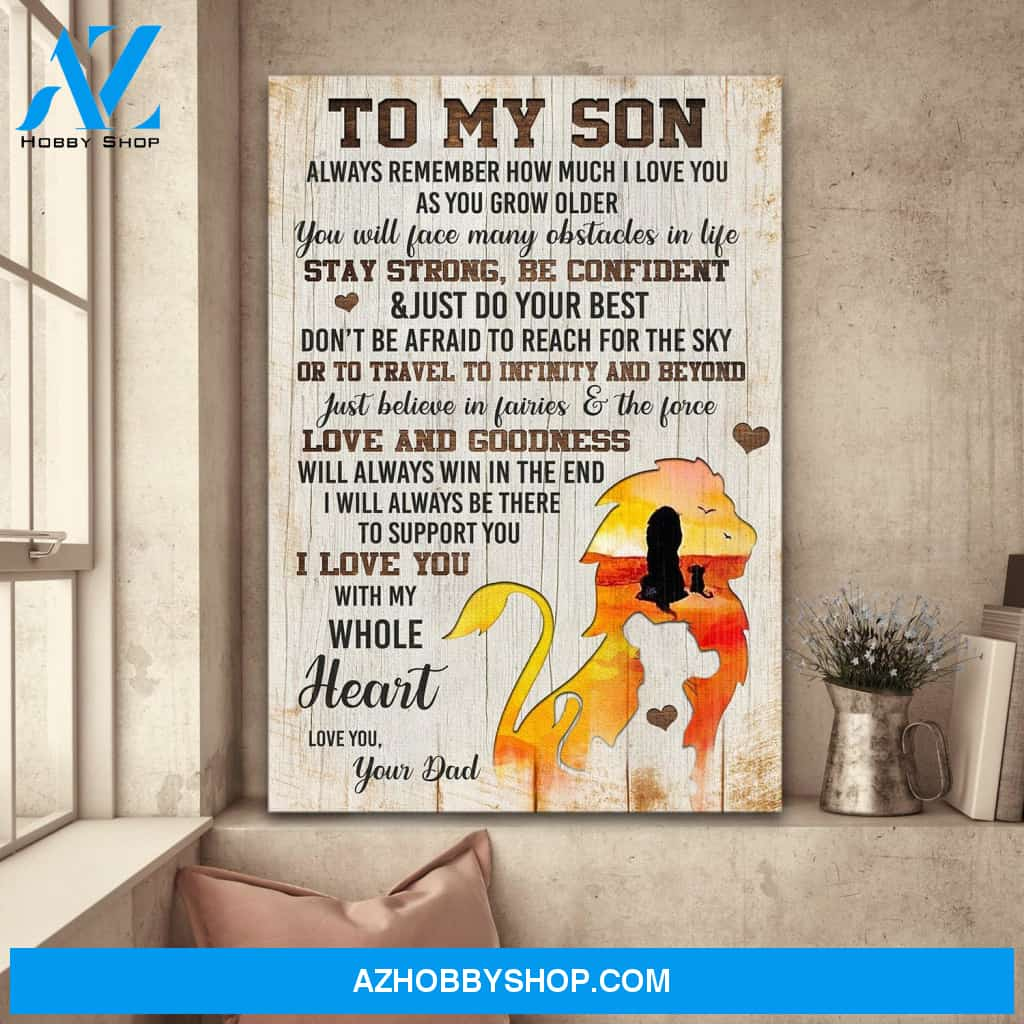 To Son – Don’T Be Afraid To Reach The Sky – Lion Dad And Son – Family Portrait Canvas Prints