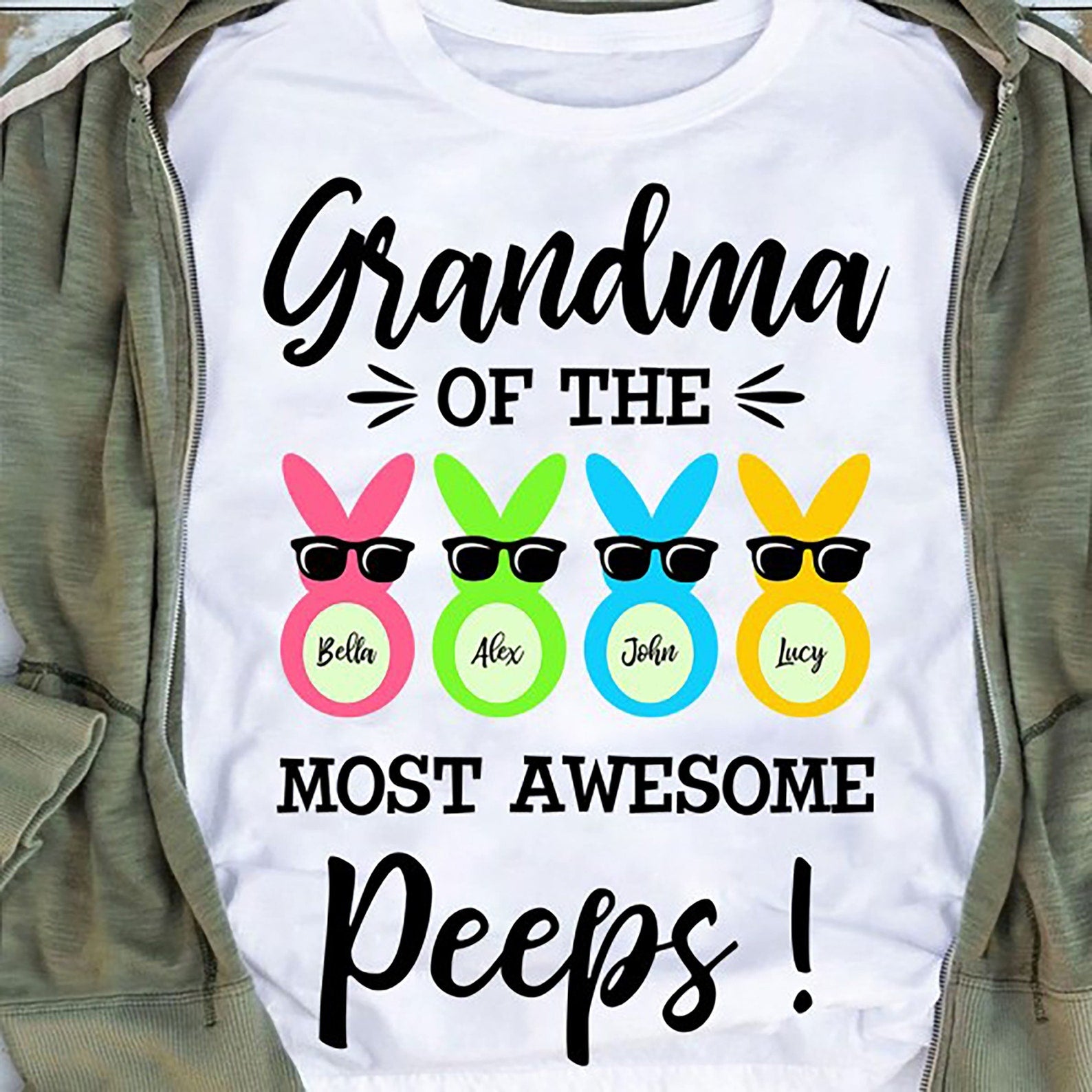 Personalized T-Shirt Grandma Of The Most Awesome Peeps Cute Bunny Printed Custom Grandkids Name Easter Day Shirt