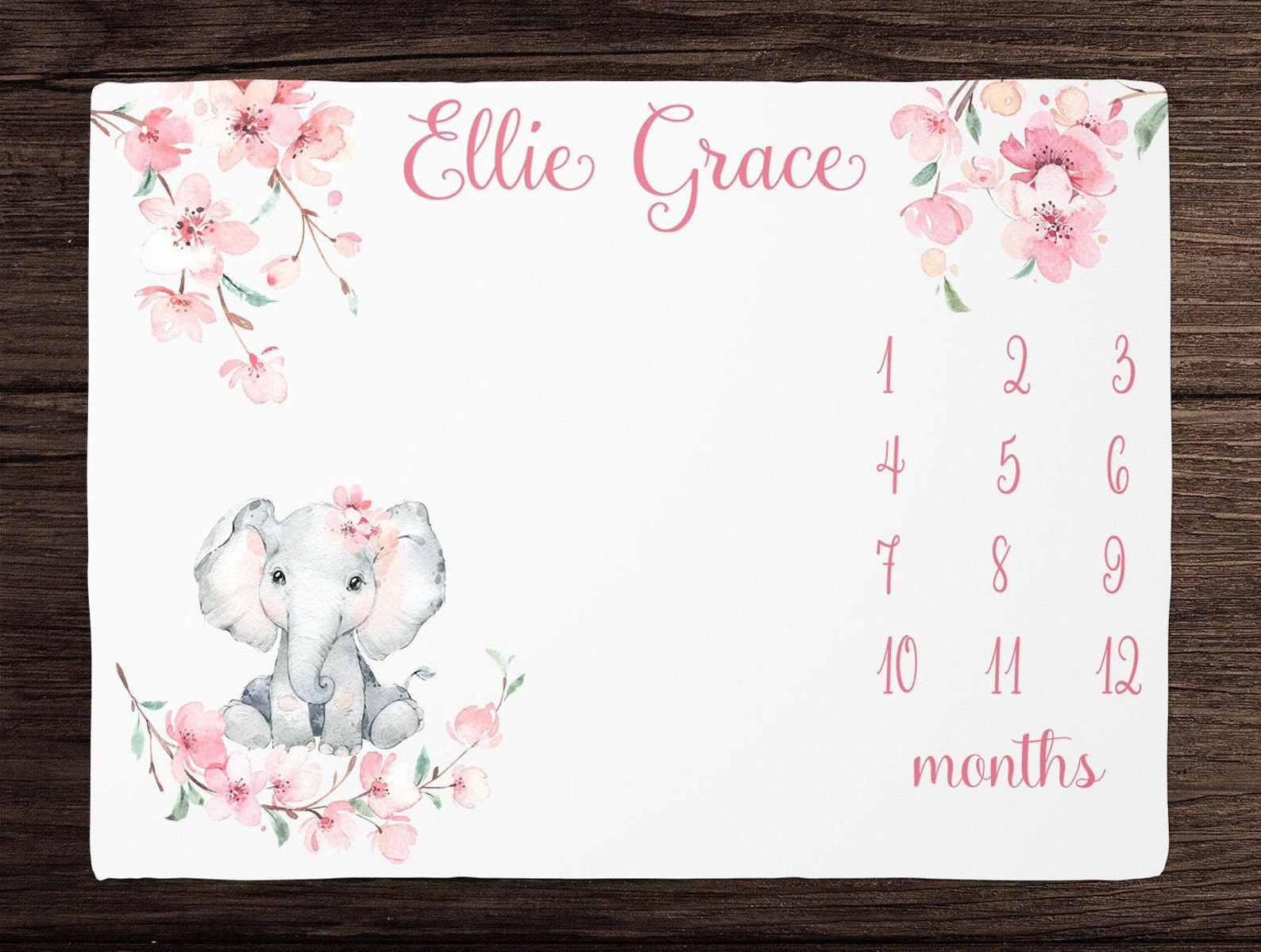 Personalized Cherry Blossom With Elephant Monthly Milestone Blanket, Newborn Blanket, Baby Shower Gift Watch Me Grow Monthly