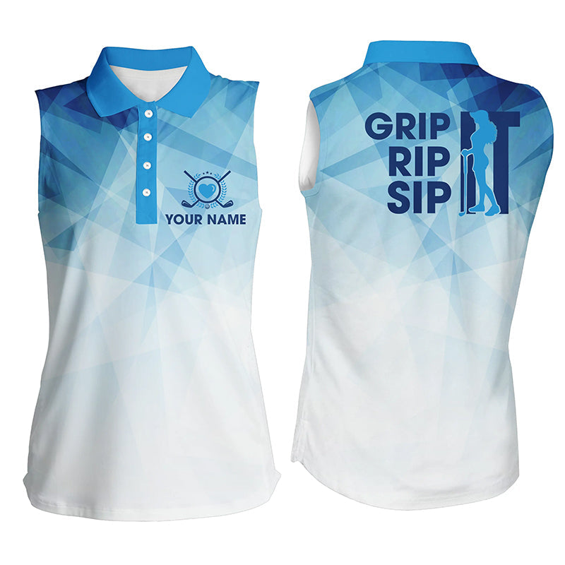 Funny Women Sleeveless Polo Shirt Grip It Rip It Sip It, Custom Womens Golf Tanks