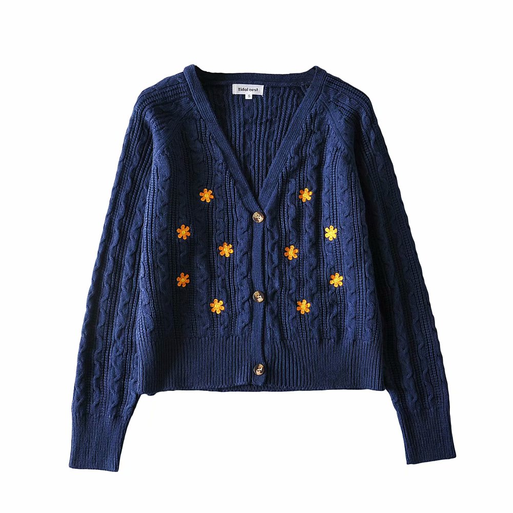 Bazaleas Streetwear Orange Daisy embroidery Knitted Cardigan Vintage Navy women’s sweater Punk pull femme clothes women kardigan alx