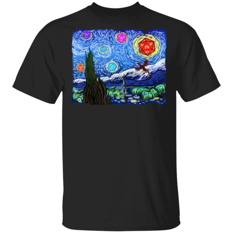 Tabletop Gaming Gift Shirt Starry Night Dragons D20 Dice Tee