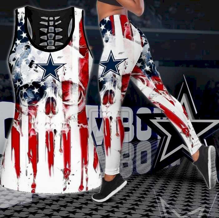 Womens Dallas Cowboys American Flag Tank Top And Leggings Yoga Set