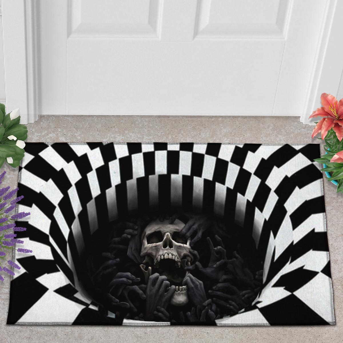 Personalized Name Family House Skull Halloween Black – White 3D Caro Indoor And Outdoor Doormat Warm House Gift Welcome Mat Gift For Friend Family, Gift For Halloween