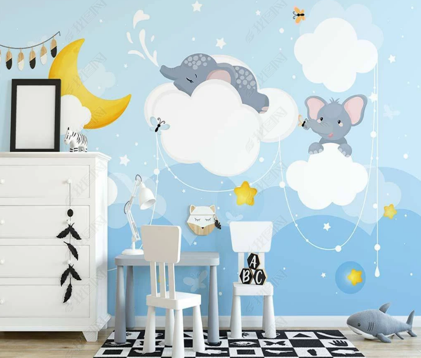 3D Cartoon Elephant Blue Sky Cloud Wall Mural Wallpaper Lqh 62