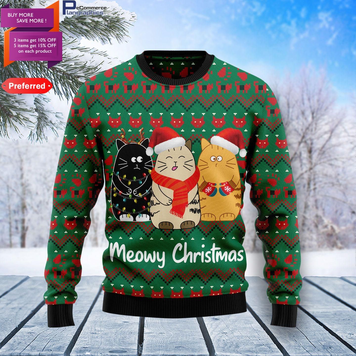 Cat Meowy Christmas Christmas Ugly Christmas Sweater, All Over Print Sweatshirt