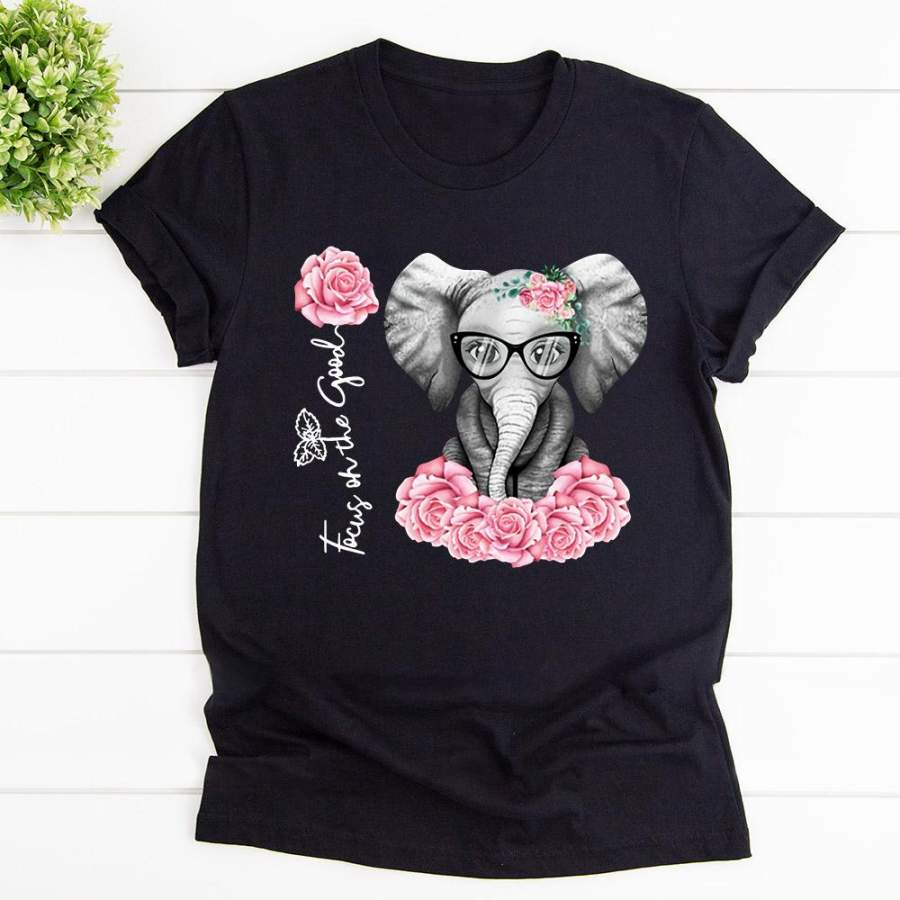 Elephant wearing glass and rose wreath focus on the good black cotton t shirt for men and women S-6XL