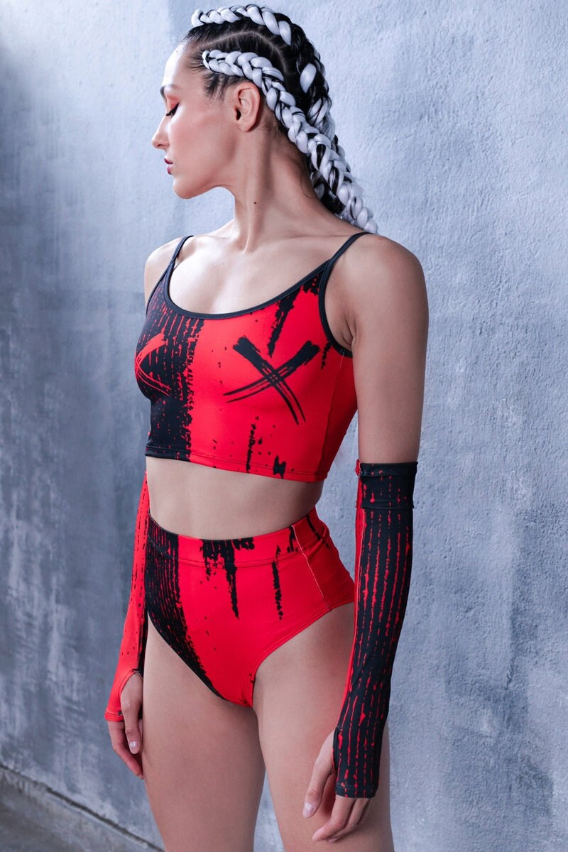 Red & Black Cami Crop Top, spandex spaghetti strap crop top, rave strappy top, red rave outfit for women, festival clothing, two piece set